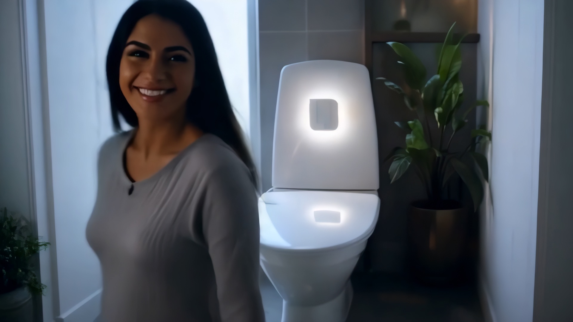 After — happy woman smiling, AeroGuard night light on, lid closed