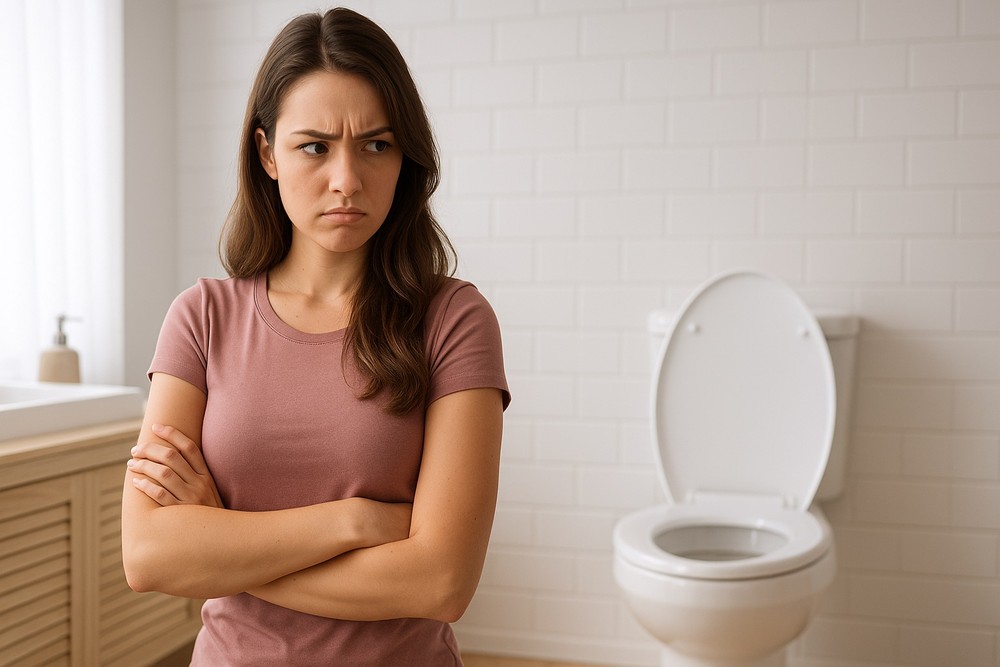 Before — angry woman, lid open, bacteria spreading everywhere